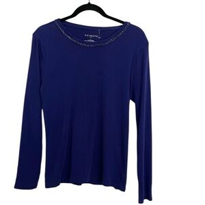 Talbots Navy Long Sleeve Tee Soft Cotton Fabric With Beaded Neckline
